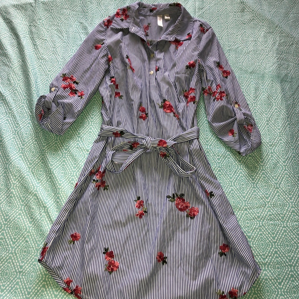 blue and white striped dress with flowers
